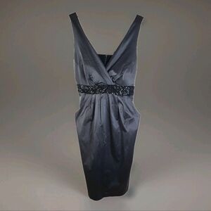 Michel Antoni Gray Satin Evening Dress Deep V-Neck Embellished Waist Size 14